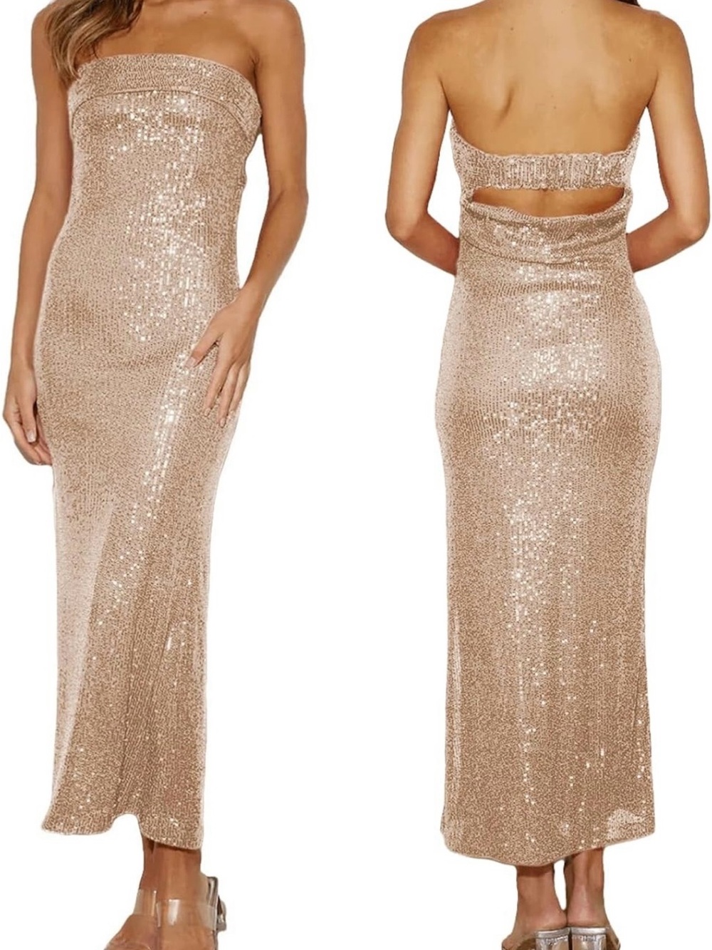 Strapless Sequin Midi Dress in Gold